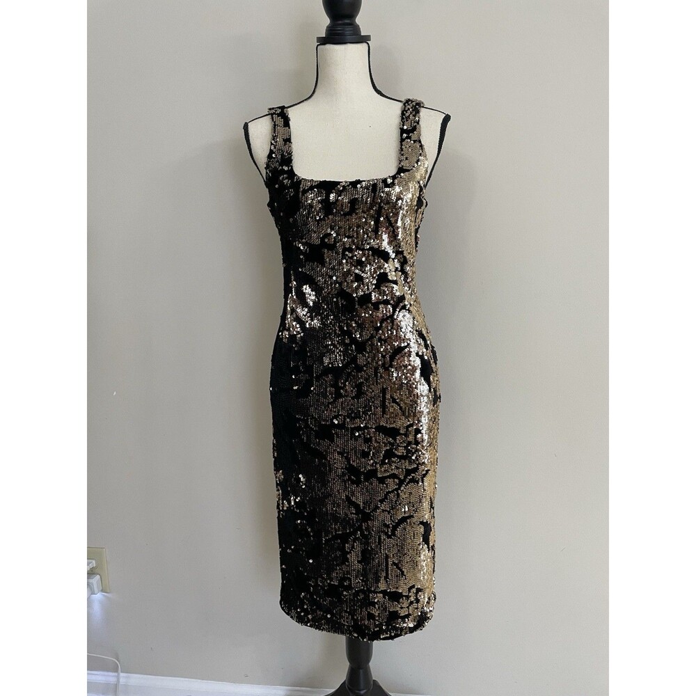 Bardot Midi Dress Black Velour Gold Sequins Sleeveless Bodycon EUC Size 6/S